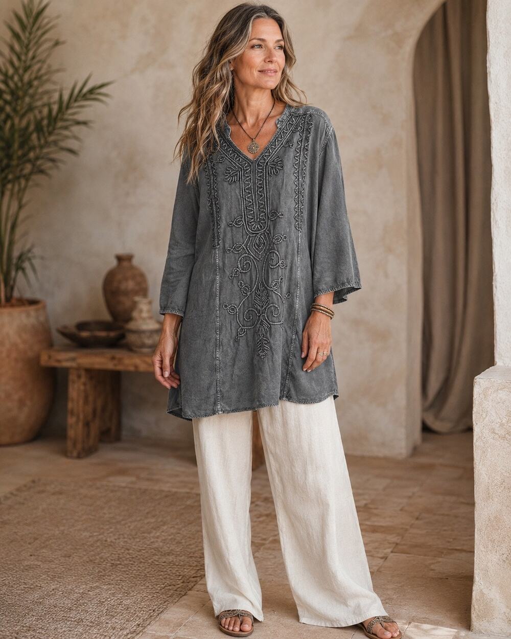 Angel Heart Boutique Embroidered Gray Mineral Wash Tunic Boho Whimsy India 3X